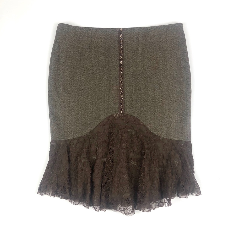 Bebe Brown Beaded Lace Midi Skirt